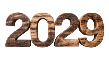 Dark Wood Carved 2029 Numbers with Burnt Edge Aesthetic and Contrasting Grain Pattern Perfect for Vintage Themed Holiday or Timeline Graphics