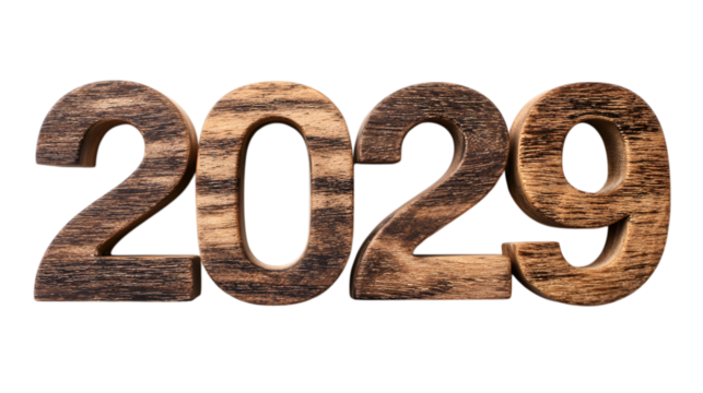 Dark Wood Carved 2029 Numbers with Burnt Edge Aesthetic and Contrasting Grain Pattern Perfect for Vintage Themed Holiday or Timeline Graphics