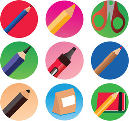 Fototapeta premium Art supply icons in vibrant circular frames featuring pencils markers scissors and notebook in flat clean design
