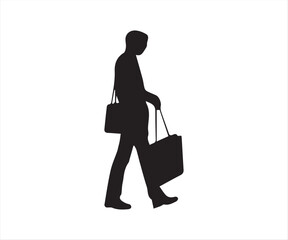 Silhouette of a man carrying shopping bags and a briefcase against white background