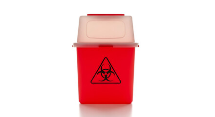 Isolated red sharps container with biohazard symbol and translucent lid on a white background ai generated