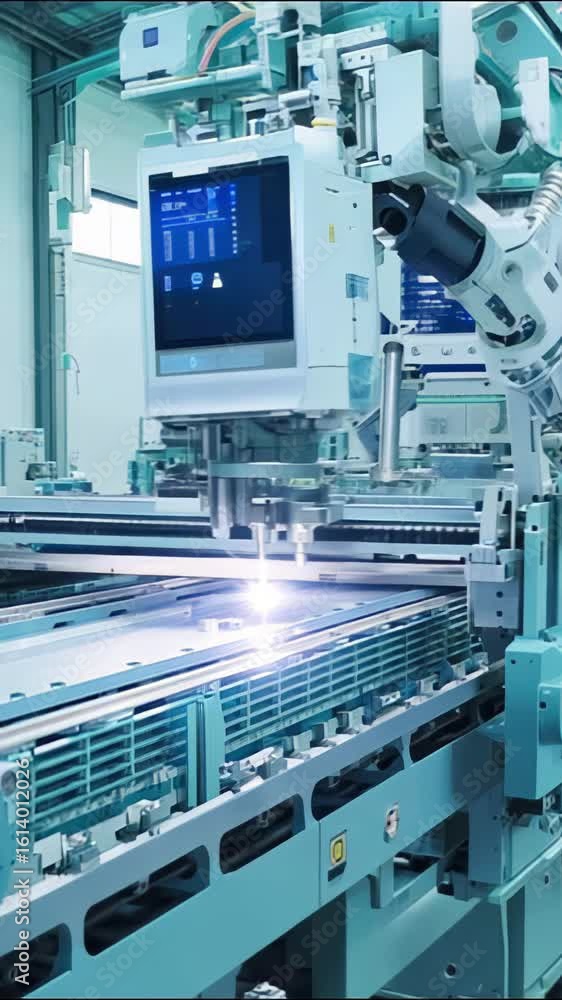 Poster automated industrial robot welding metal components in high-tech factory. concept of manufacturing a