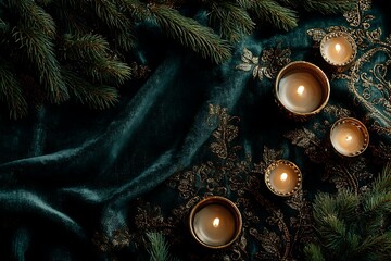Elegant Christmas still life featuring glowing candles and pine branches on luxurious emerald velvet with gold embroidery.