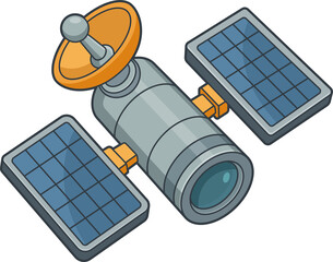 Isometric Satellite orbiting in space with solar panels and radar antenna.