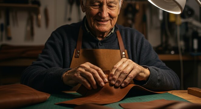 Focused craftsman meticulously stitches fine leather goods in his vintage workshop