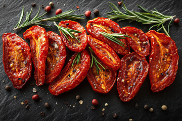 Sun dried tomatoes with herbs and pepper on black stone background, gourmet Mediterranean food concept with rosemary and spices for healthy cooking and culinary styling

