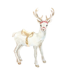 Christmas white Santa Claus reindeer with saddle. Hand drawn watercolor pastel animal illustration isolated on white. New Year clip art in Scandinavian style.
