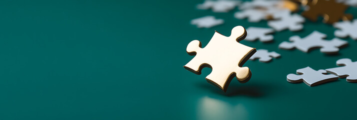 Golden Puzzle Piece: A single, luminous piece stands out against a backdrop of scattered puzzles, symbolizing solution, uniqueness, and strategic thinking.