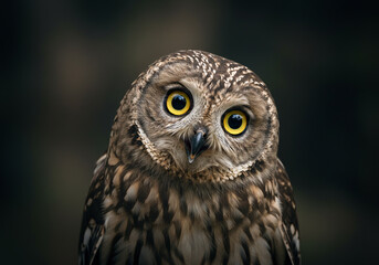 Owl with head turned sideways and surprised wide eyes, shocked funny