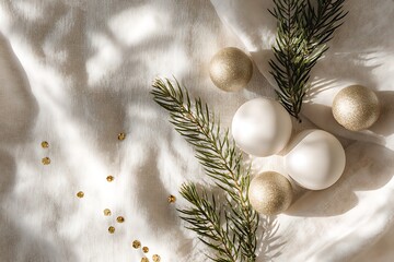 Elegant Christmas ornaments and pine branches on white linen with golden accents, bathed in warm natural light, creating a serene holiday atmosphere.
