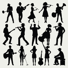 Dynamic vector silhouettes of people, men and women, engaged in dance, sport, and business actions