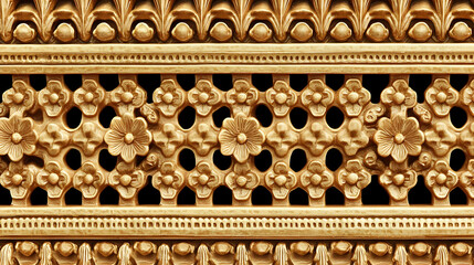 Ornate, light beige/gold carved decorative border with repeating floral patterns.  Intricate, symmetrical design, featuring  openwork, detailed carvings in a horizontal  band