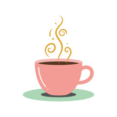 Cute pink coffee cup with steam on a green saucer illustration