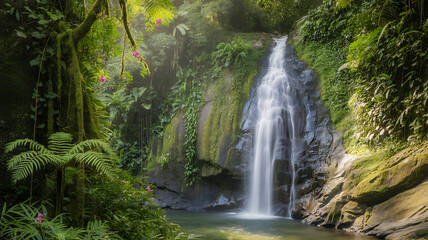 Fototapeta premium Lush Tropical Waterfall Cascading into a Pool in a Verdant Rainforest