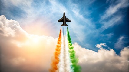 Jet soars through clouds trailing vibrant orange, white, green smoke