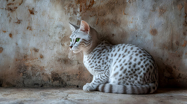 A silver-spotted cat sits in a textured corner.  White coat with dark spots, green eyes, profile view, quiet pose