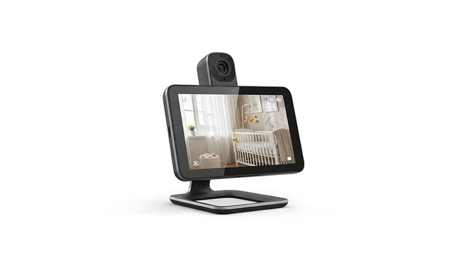 A baby monitor displaying a crib in a nursery with white walls and a window on a white background ai generated