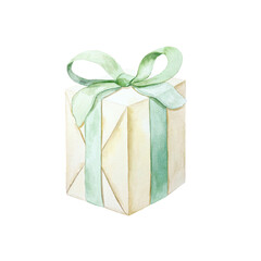 Gift box wrapped in craft paper, tied with a green ribbon. Hand drawn watercolor illustration isolated on white. Pastel Christmas and New Year clip art. Suitable for birthday.