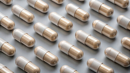Numerous capsules are arranged in neat rows, highlighting sports nutrition supplements essential for athletes