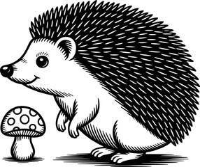 Black and white woodcut-style illustration of a hedgehog in profile with sharp spines and a spotted mushroom on a clean white background