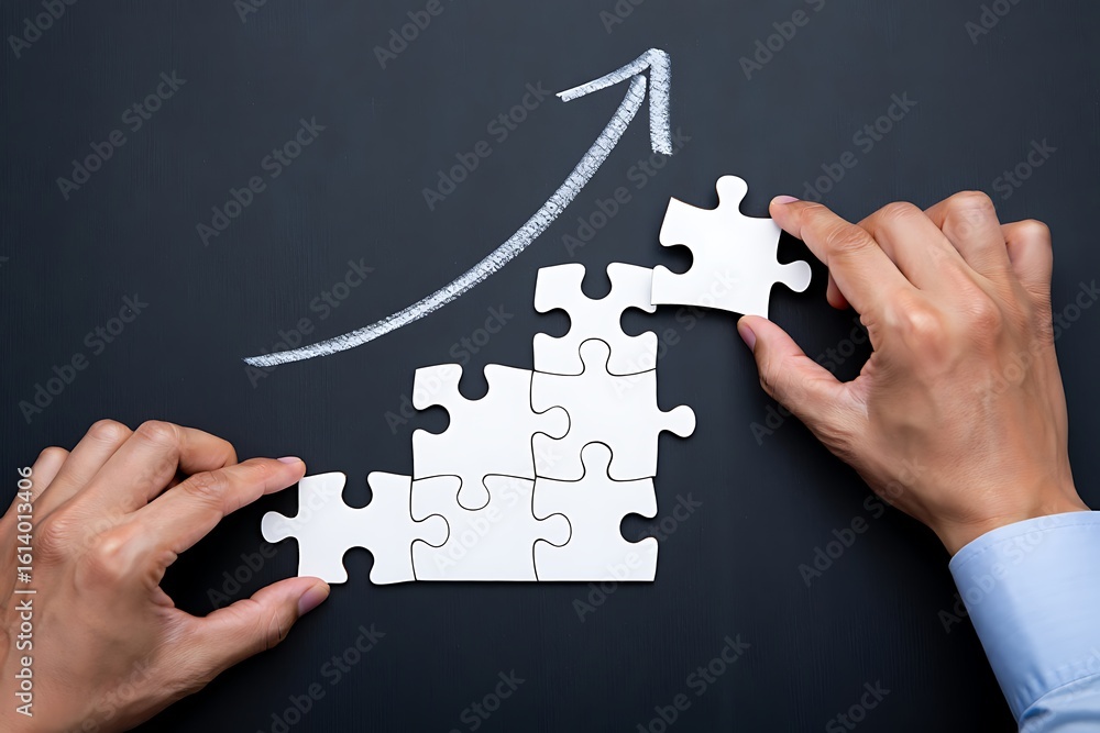 Poster hands assembling a jigsaw puzzle forming a staircase with an upward arrow on a dark background symbo