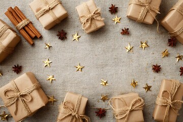 Beautifully wrapped rustic gifts with golden stars, cinnamon, and star anise on a cozy linen background, perfect for holiday celebrations.