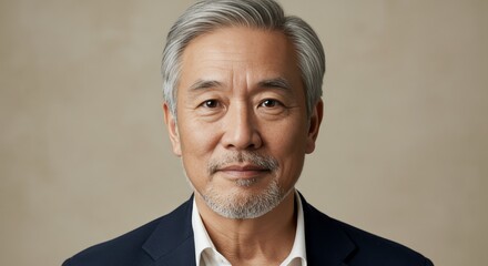 Elegant portrait of a distinguished mature asian man with silver hair and a dignified expression