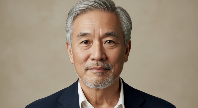 Elegant portrait of a distinguished mature asian man with silver hair and a dignified expression