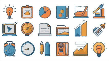Collection of Business and Productivity Icons a Versatile Set for Presentations and Designs Featuring Graphics of Ideas, Time Management, Data Analysis and Project Development Essentials