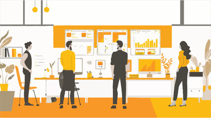 Team Analyzing Data and Charts Together in the Office Setting, Collaboration and Data Driven Decision Making, Colorful Workspace with Plants and Modern Furniture, Business Strategy