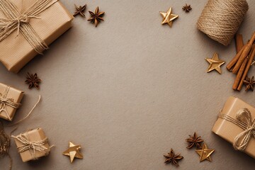 A festive and cozy holiday background featuring rustic gift boxes, golden stars, and aromatic spices on a neutral surface.
