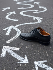 Fototapeta premium Black business shoes and many winding chalky arrows on asphalt - decision concept