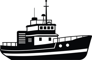 Obraz premium Tugboat silhouette drawing, marine vessel line art, harbor boat vector, nautical transport icon, minimal ship illustration