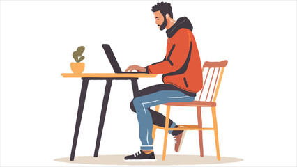Person Working on Laptop with Orange Hoodie and Blue Jeans Sitting at a Desk with a Plant on Top of the Table in an Office