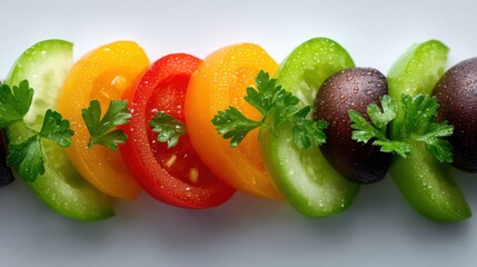 A colorful salad of tomatoes, cucumbers, and parsley