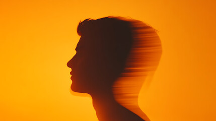 Silhouette portrait of a man, artistic blur effect against an orange background. Represents speed, movement, or transition, evokes a sense of creativity.