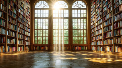 Obraz premium Sunlight streams into a grand library, showcasing rows of bookshelves filled with various volumes. Wooden floors and arched windows are prominent features