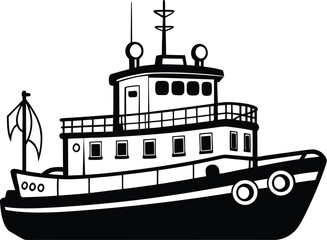 Obraz premium Tugboat silhouette drawing, marine vessel line art, harbor boat vector, nautical transport icon, minimal ship illustration