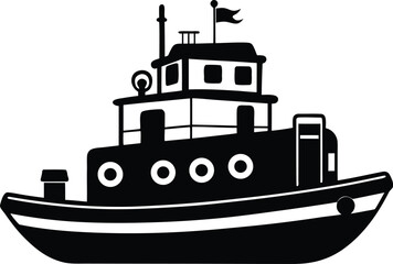 Obraz premium Tugboat silhouette drawing, marine vessel line art, harbor boat vector, nautical transport icon, minimal ship illustration