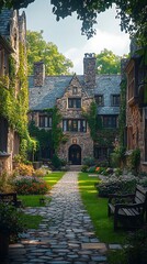 Obraz premium Stone manor lush gardens cobblestone path illustration