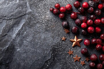 A festive top-down view of vibrant red cranberries and golden stars on a dark textured background, sprinkled with white sugar.