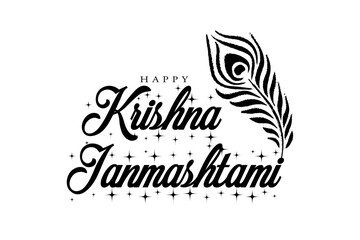 Happy krishna janmashtami greetings with peacock feather vector illustration.