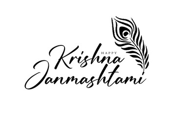 Happy krishna janmashtami greetings with peacock feather vector illustration.