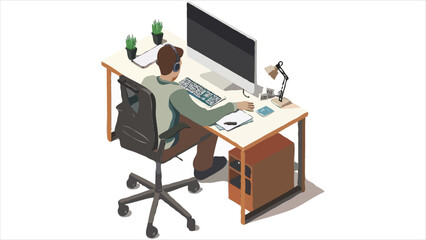 Isometric Illustration of Person Working at Computer in Home Office with Desk Lamp Plant Decorations and a Modern Chair for Comfortable Remote Work Experience