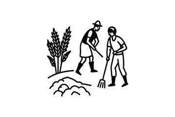 Farmers Working in the Field with Wheat Plants Using Tools Agriculture and Farming Illustration silhouette This black white