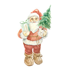 Santa Claus standing and holding Christmas tree in a pot and a box with a gift tied with a green ribbon watercolor isolated illustration. Hand drawn New Year clip art