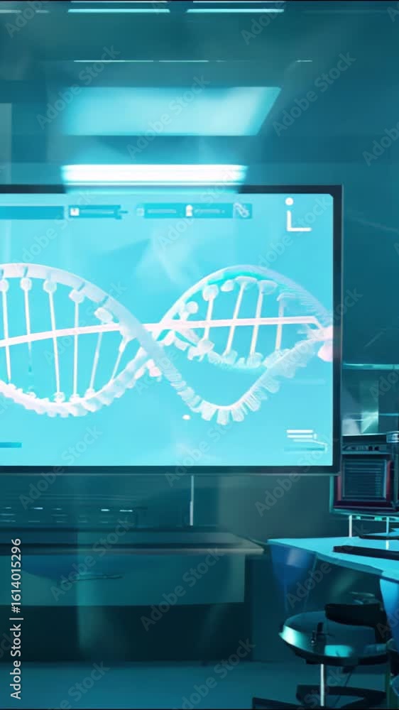 Poster futuristic lab with dna sequence display on screens, concept of genetics, laboratory research, high-