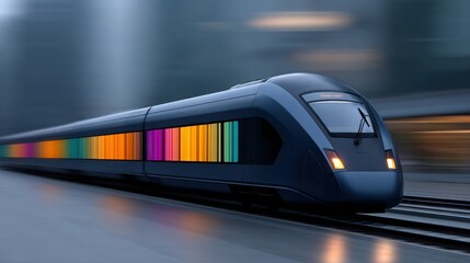 A colorful train is moving down the tracks