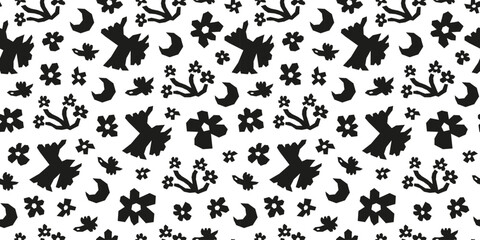 Black and white seamless pattern with paper cut birds, moon and flowers. Boho contemporary minimalist background.