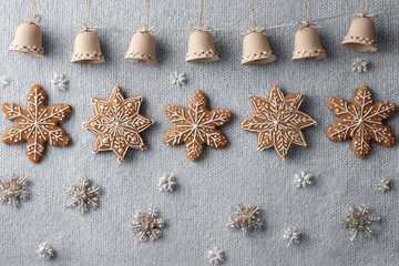 Cozy winter flat lay with festive gingerbread snowflake cookies, decorative bells, and small snowflakes on a knitted background.